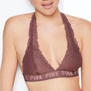 Victoria’s Secret PINK Lace Padded Push Up Halter  T Back Bra Top S Coco Mousse
